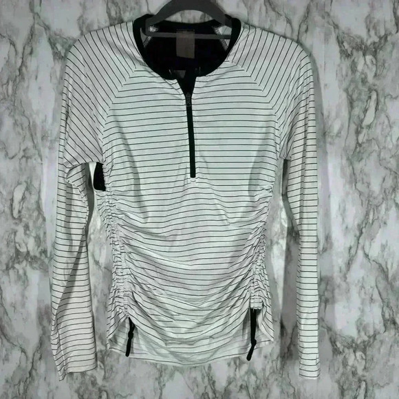 Calia Carrie Underwood White & Black Pinstriped Ruched Pull Over Top Size Small - Picture 1 of 6